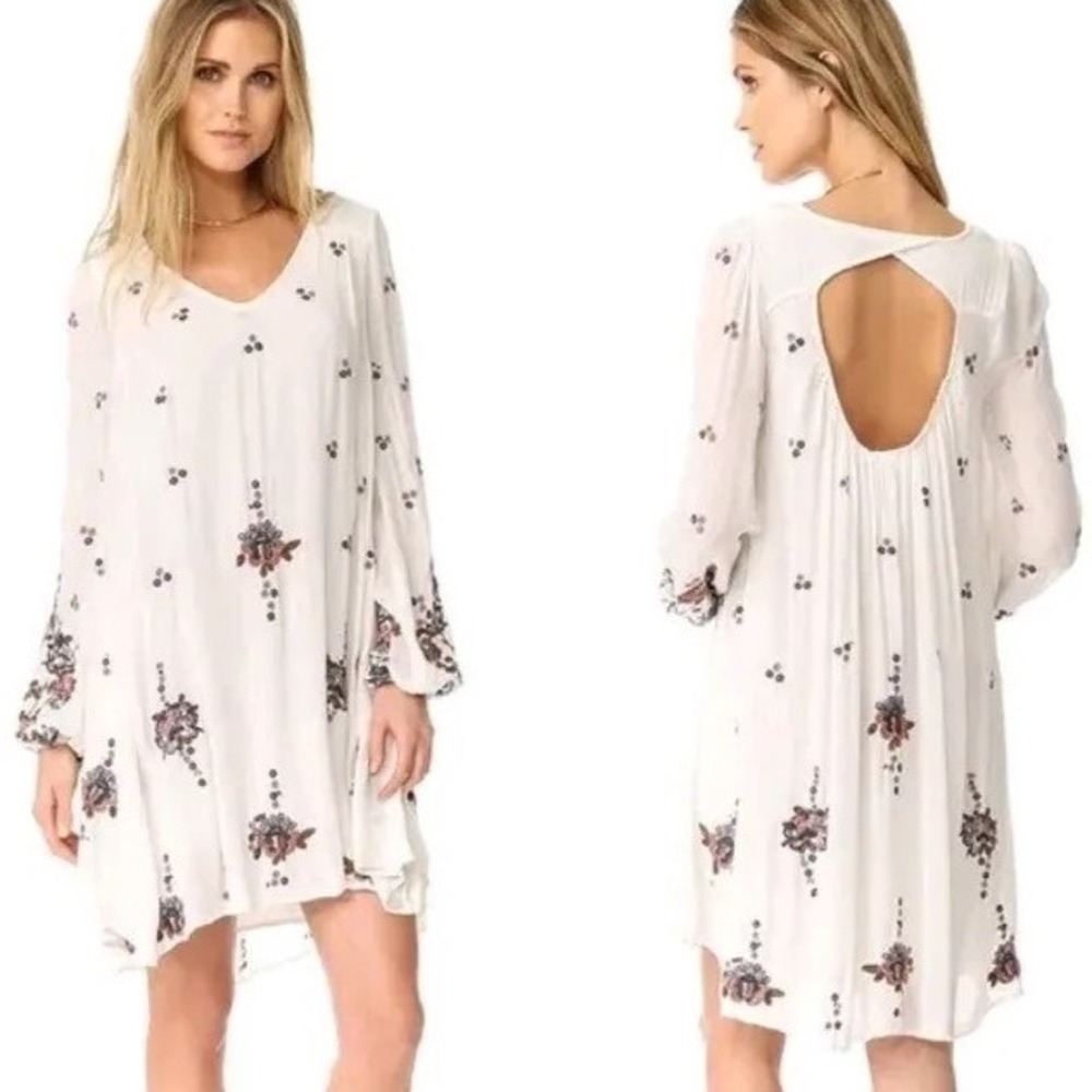 Free People Cream Floral Open-Back Long Sleeve Dress